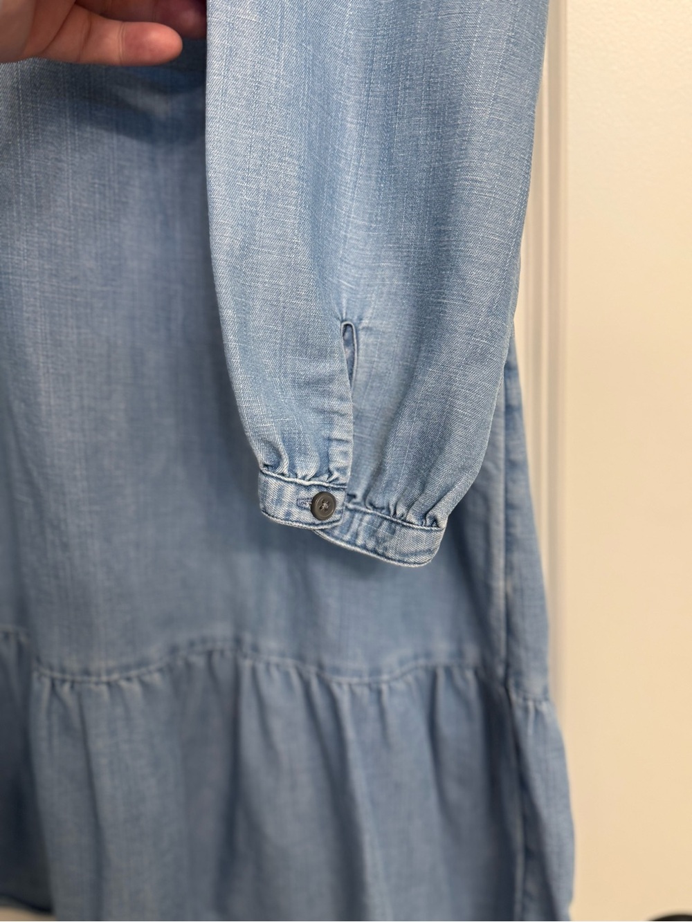 Light Wash Denim Tunic Dress with Ruffle Placket - Picture 2 of 6